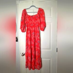 Angie Peasant Sleeve Red Print Maxi Dress L